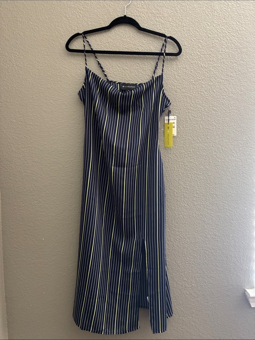 Wildfang Navy and White Striped Midi Dress with a slit.